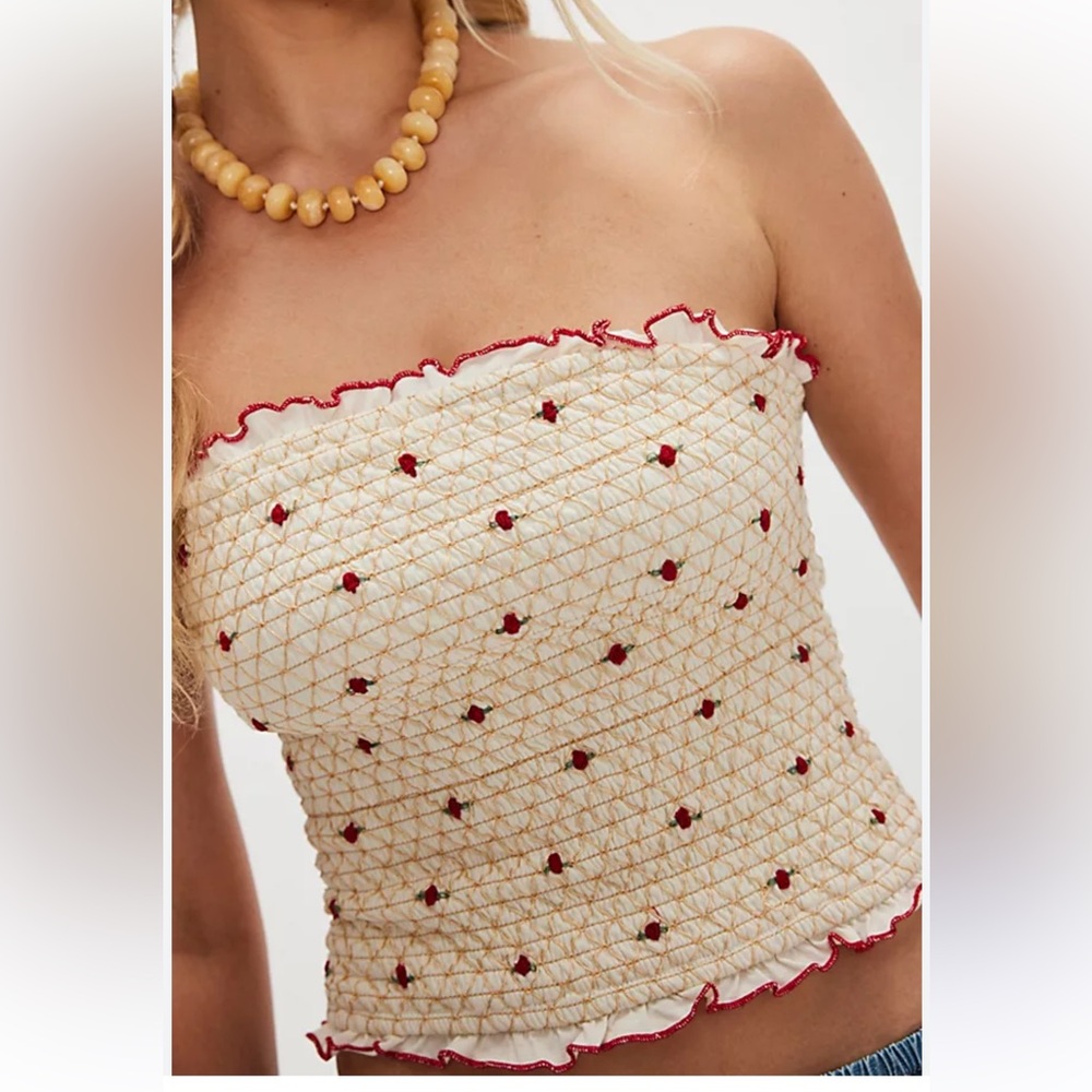 Z146. New Free People Cream Smocked Tube Top with Red Accent